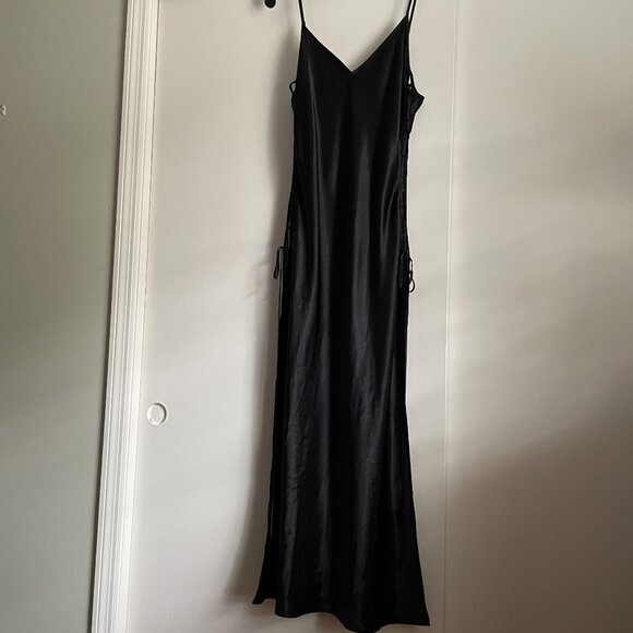 Victoria’s Secret VTG Satin Maxi Slip Dress Size L Black Gown Open Lace Up Sides - Picture 11 of 14